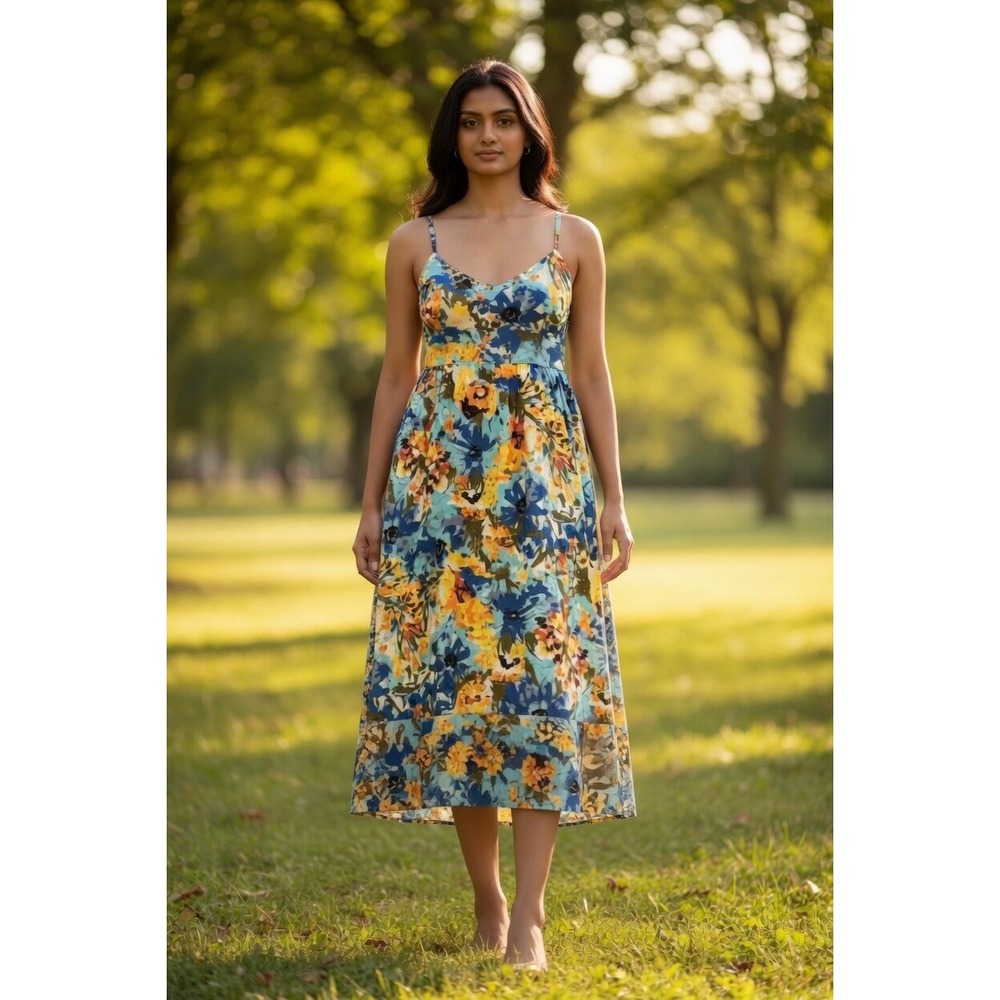 Waliya Dress XS Blue Yellow Floral‎ Tiered Midi Sun Dress XS